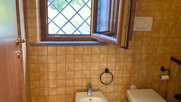 Een douche, een haardroger, een bidet, handdoeken