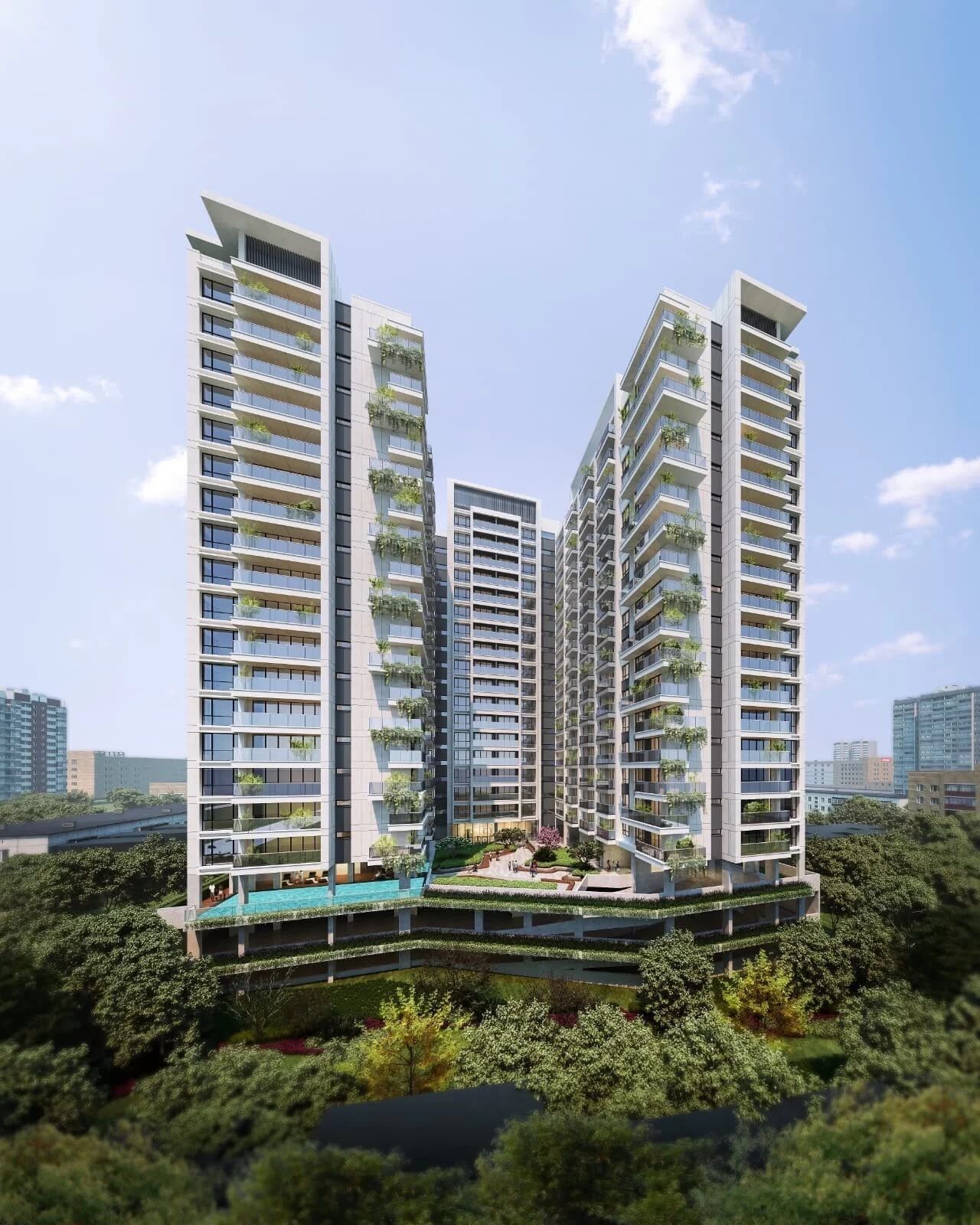 A high-rise residential building with multiple balconies, a rooftop garden, and a pool area.
