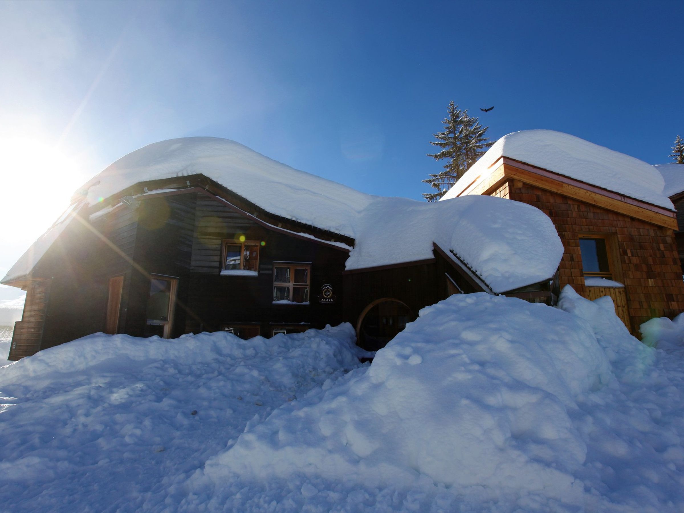 Une cabane en bois dont le toit est recouvert de neige, entourée de neige.