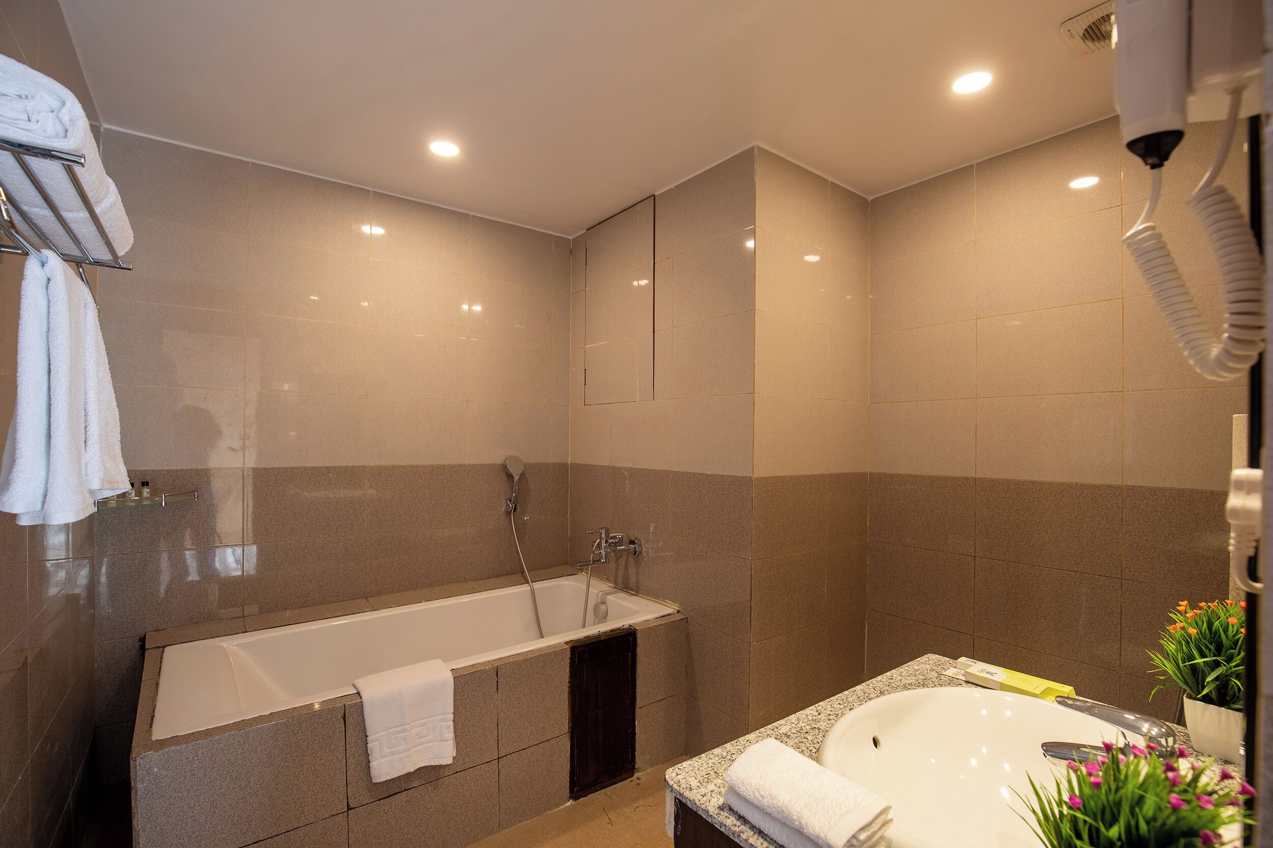 Shower, towels, soap, shampoo