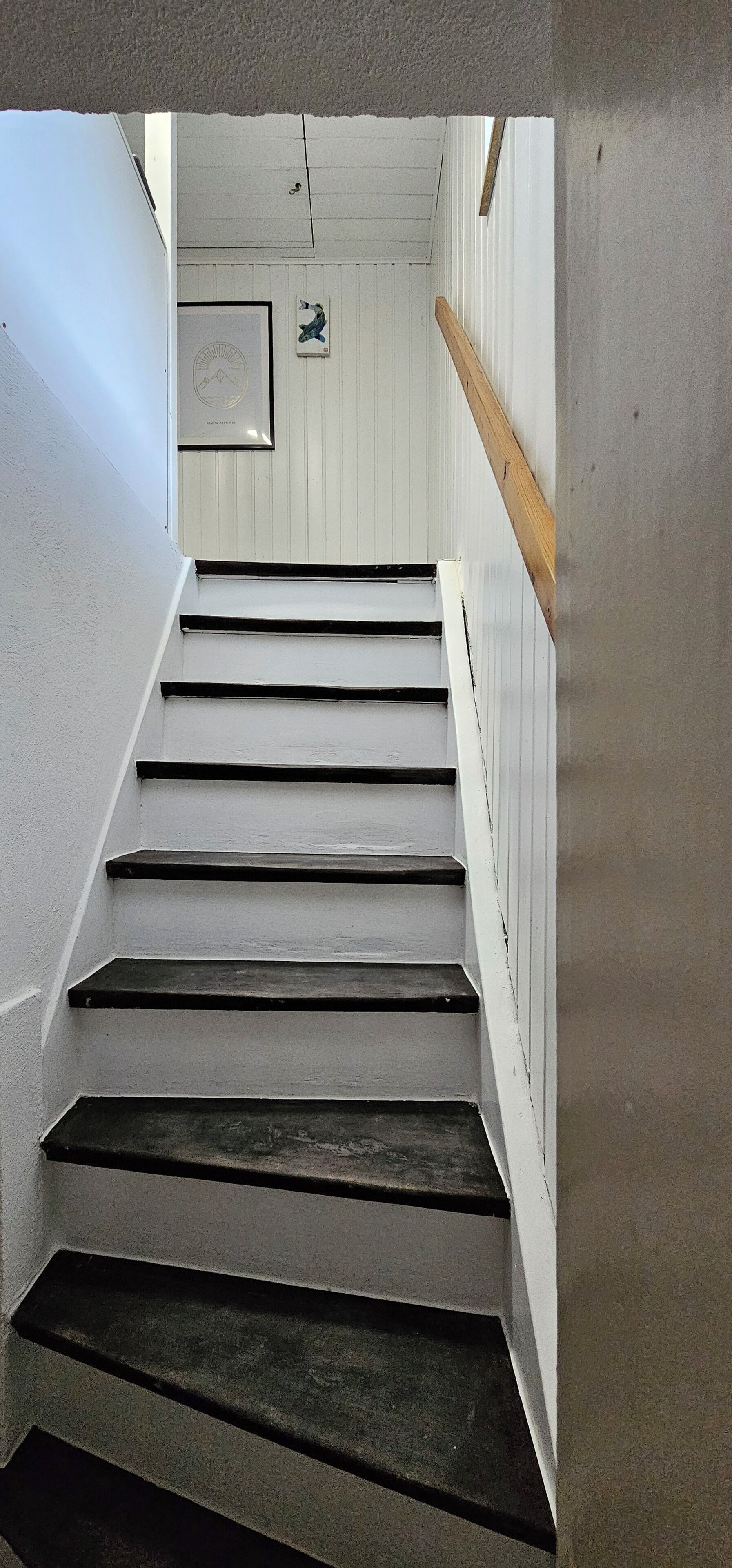 Un escalier en béton, avec des murs blancs et une rampe en bois.