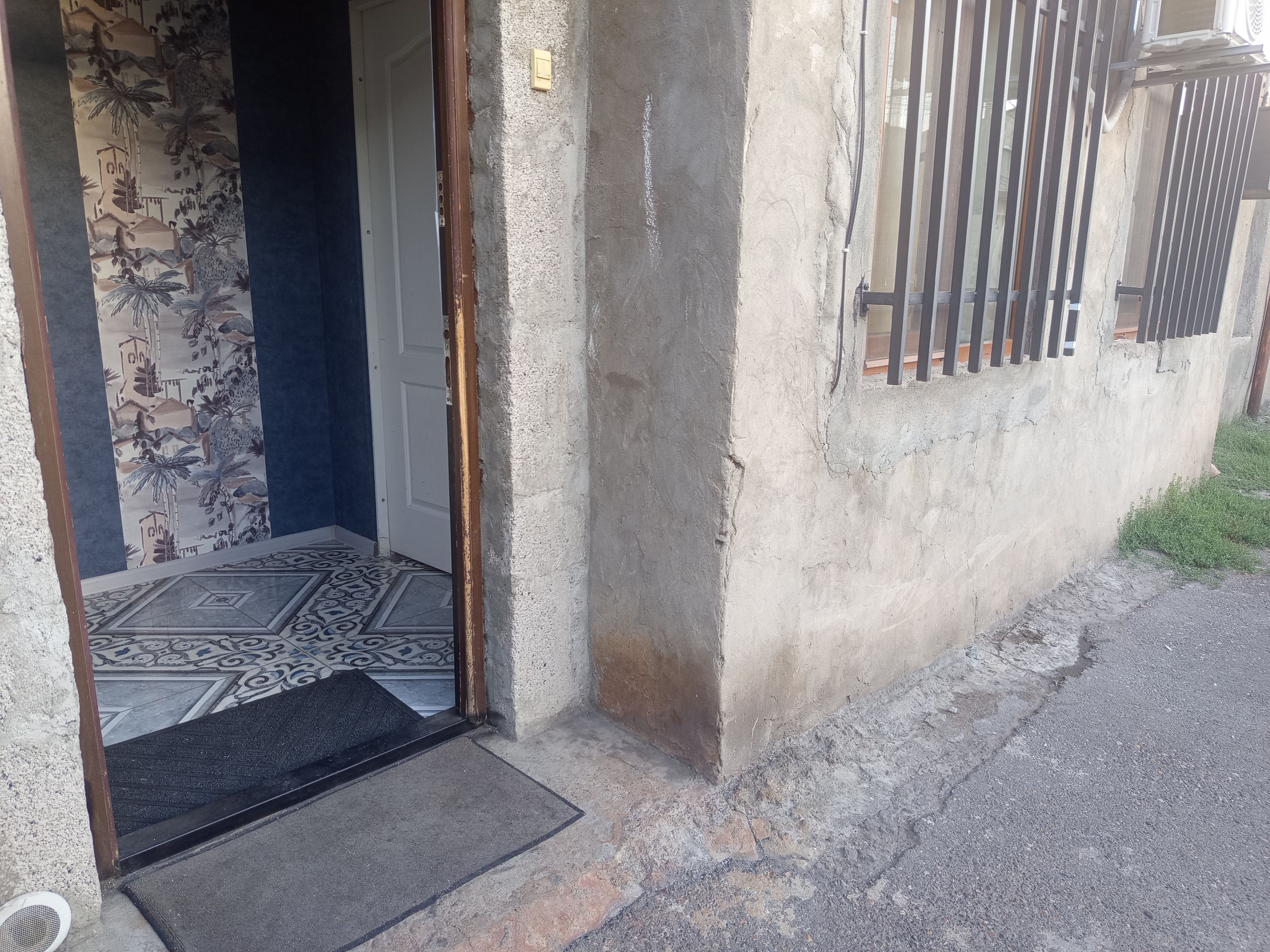 Une entrée d’immeuble avec une porte, un paillasson et un mur en béton.
