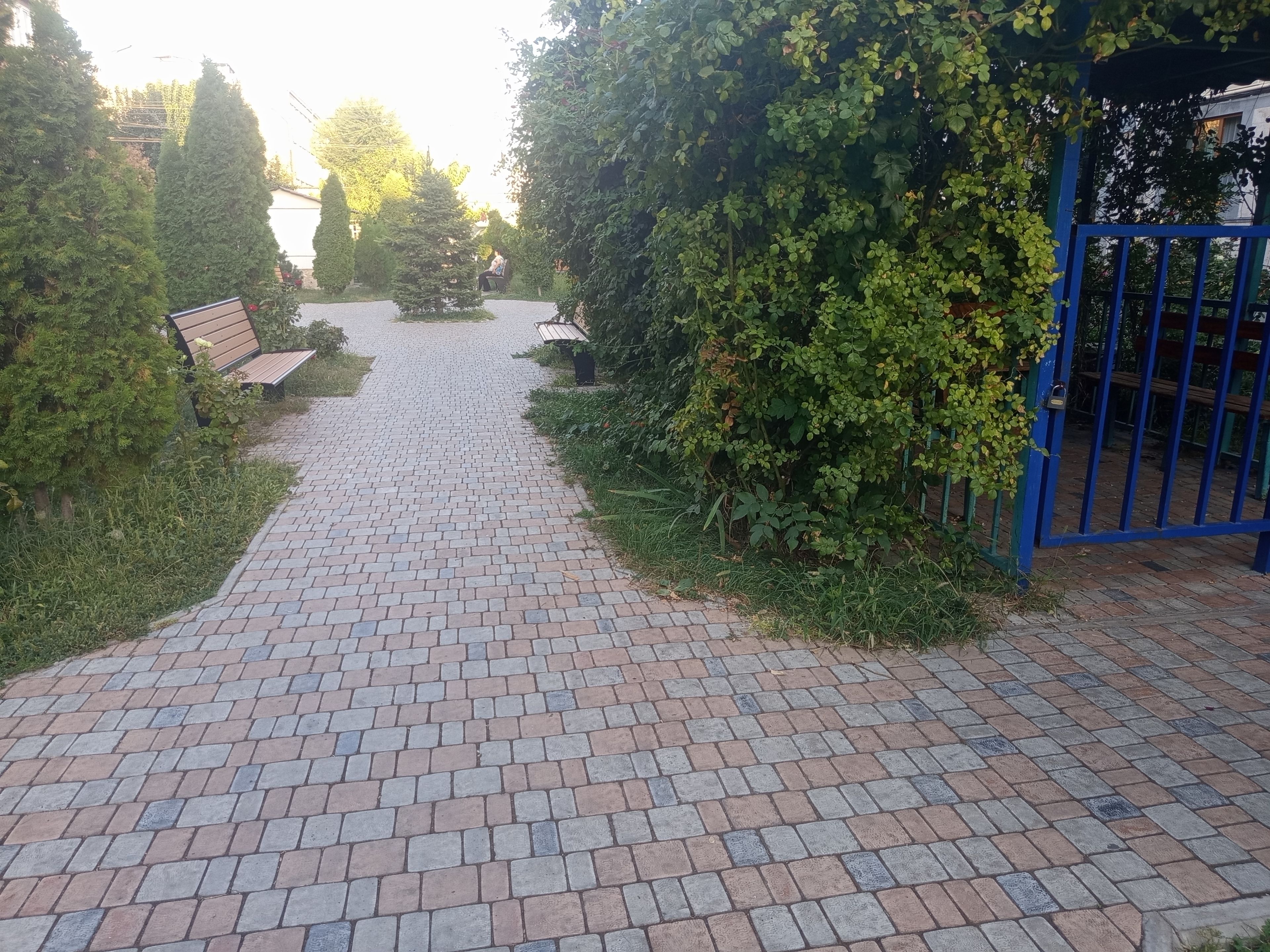 A paved pathway leading to a gated area with benches and greenery.
