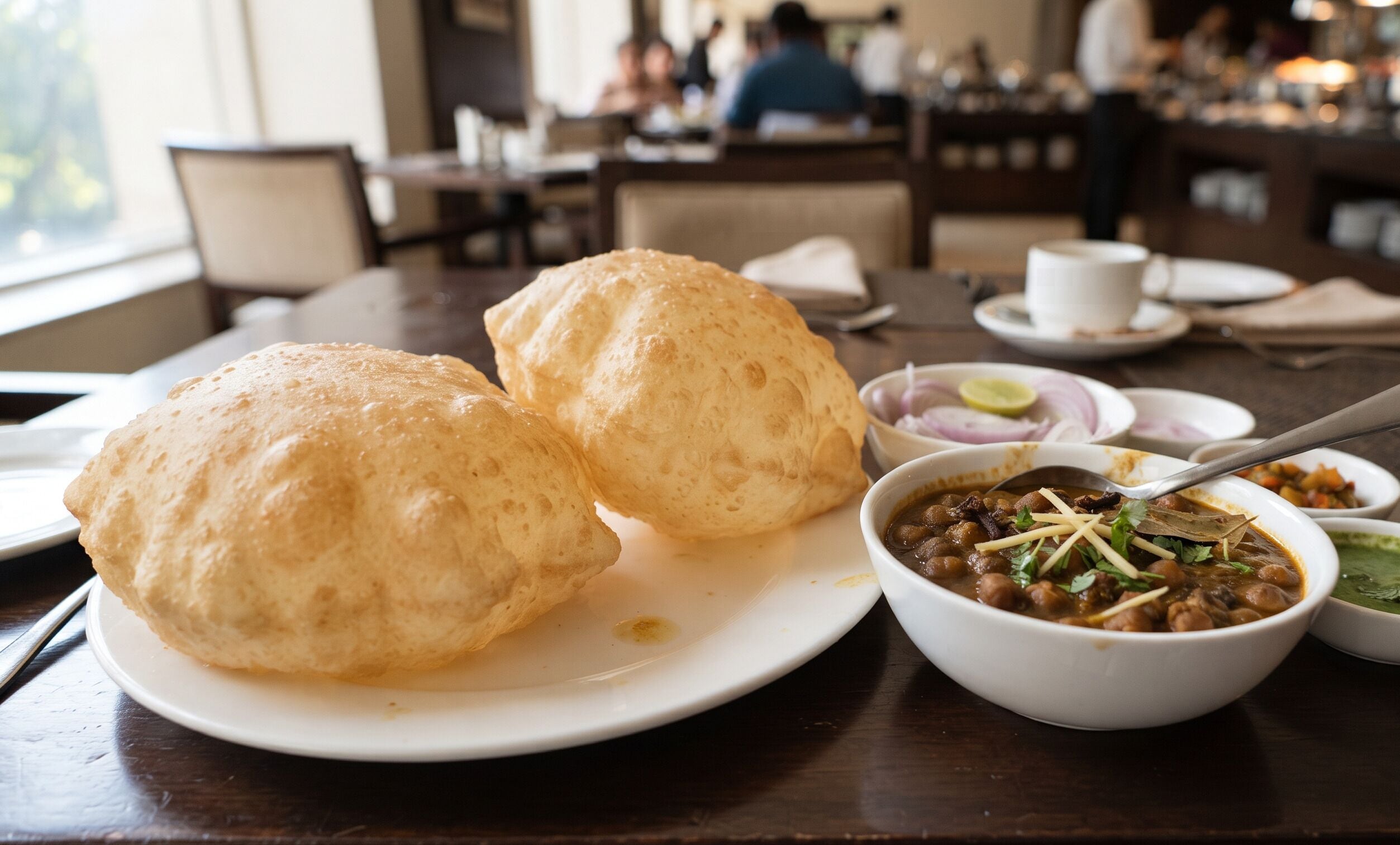 A dining table with two large, round, golden-brown bread items and a bowl of soup with chickpeas and herbs.