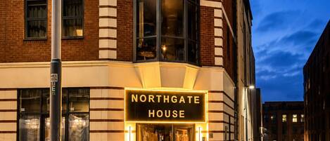 A corner building with a sign reading 'Northgate House' at the entrance.