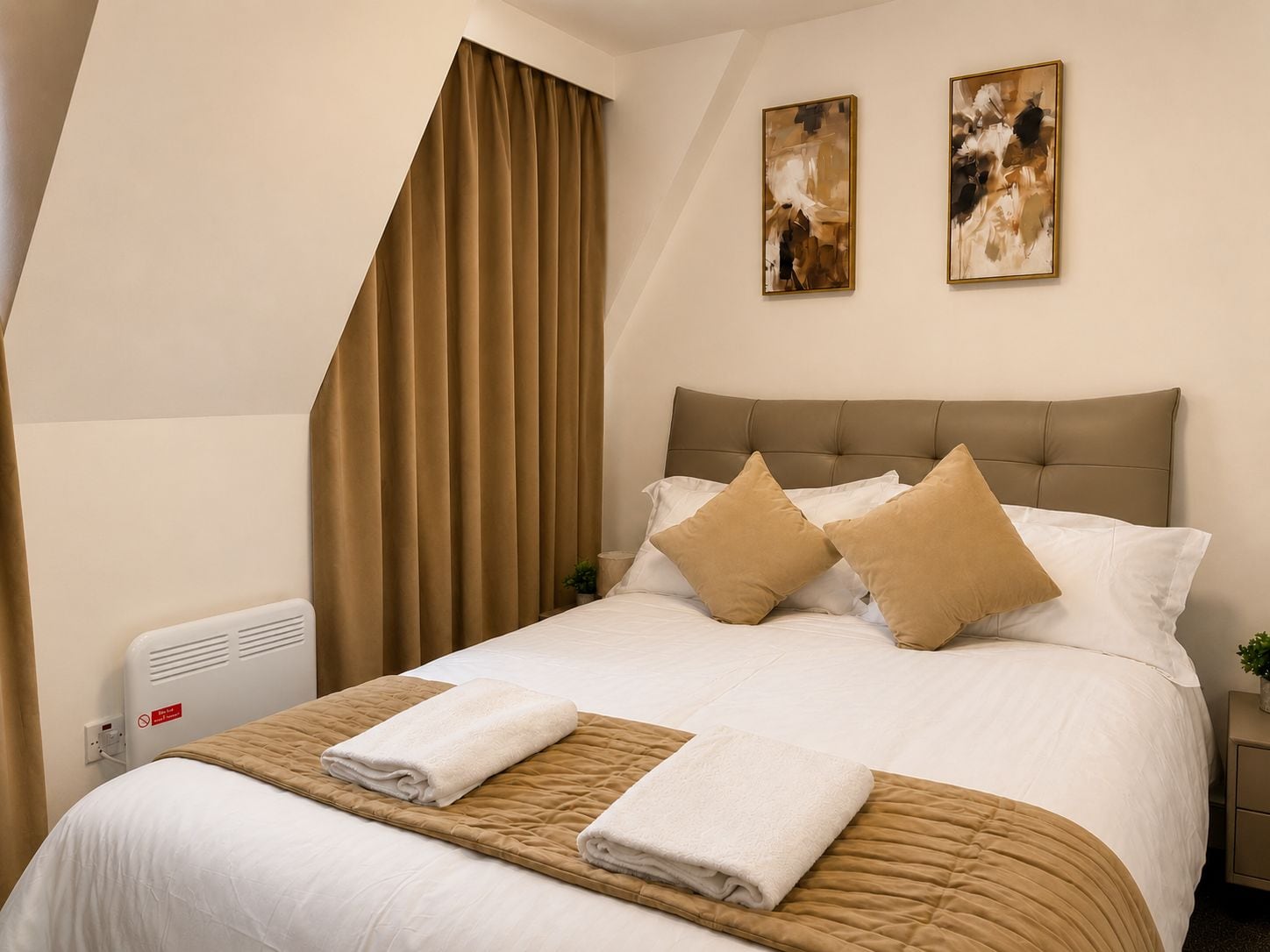 Ein Hotelzimmer mit einem Bett, zwei Kissen, einer gesteppten Tagesdecke, einem Nachttisch mit Lampe und einem Wandbild.