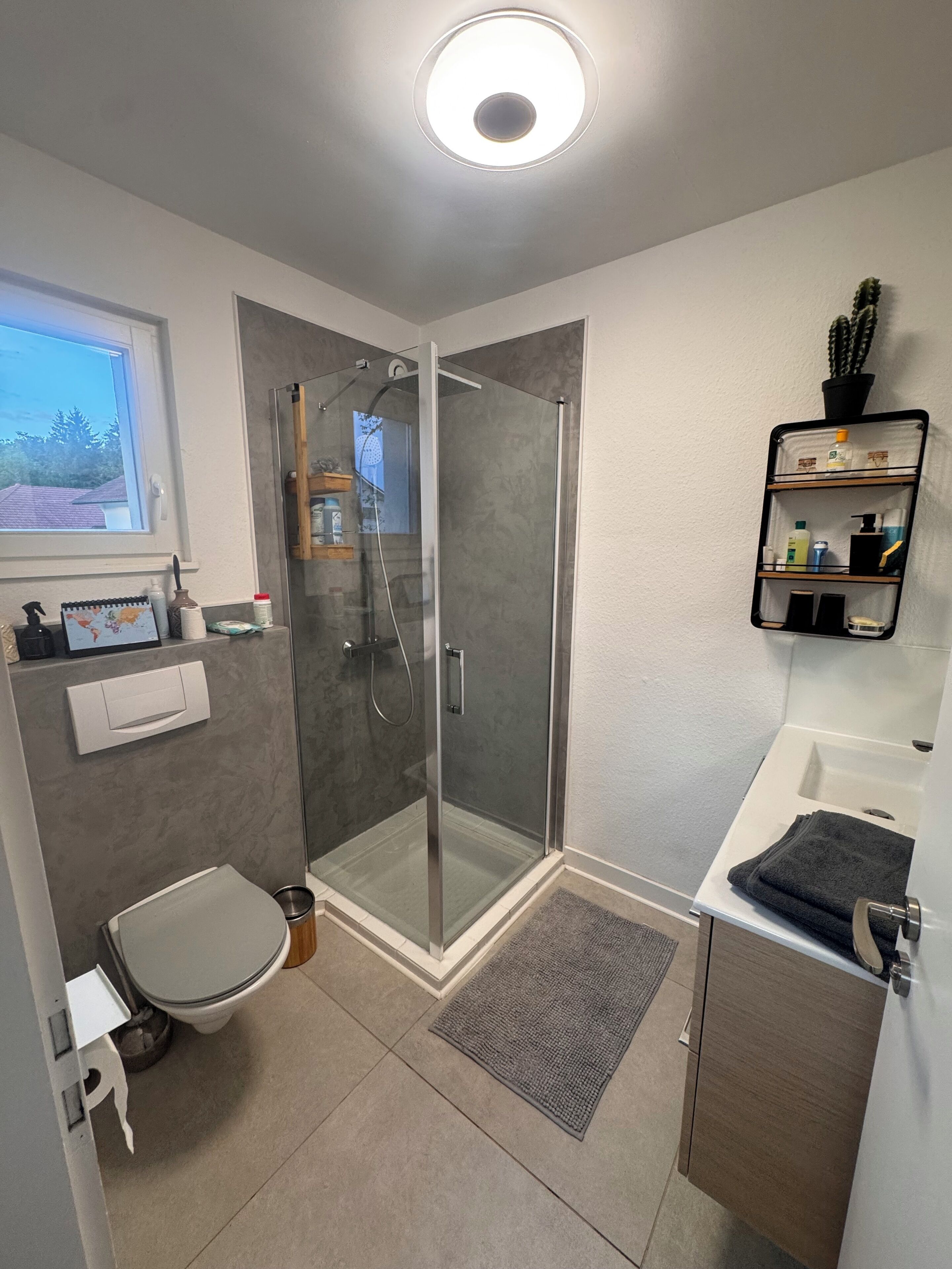 A modern bathroom with a glass-enclosed shower, a toilet, a sink, and a small window.