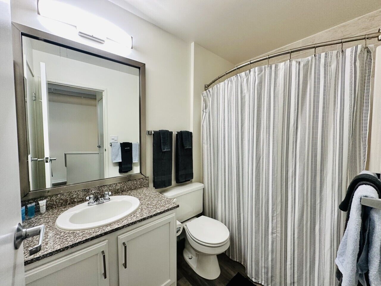A bathroom with a sink, mirror, toilet, and shower curtain.