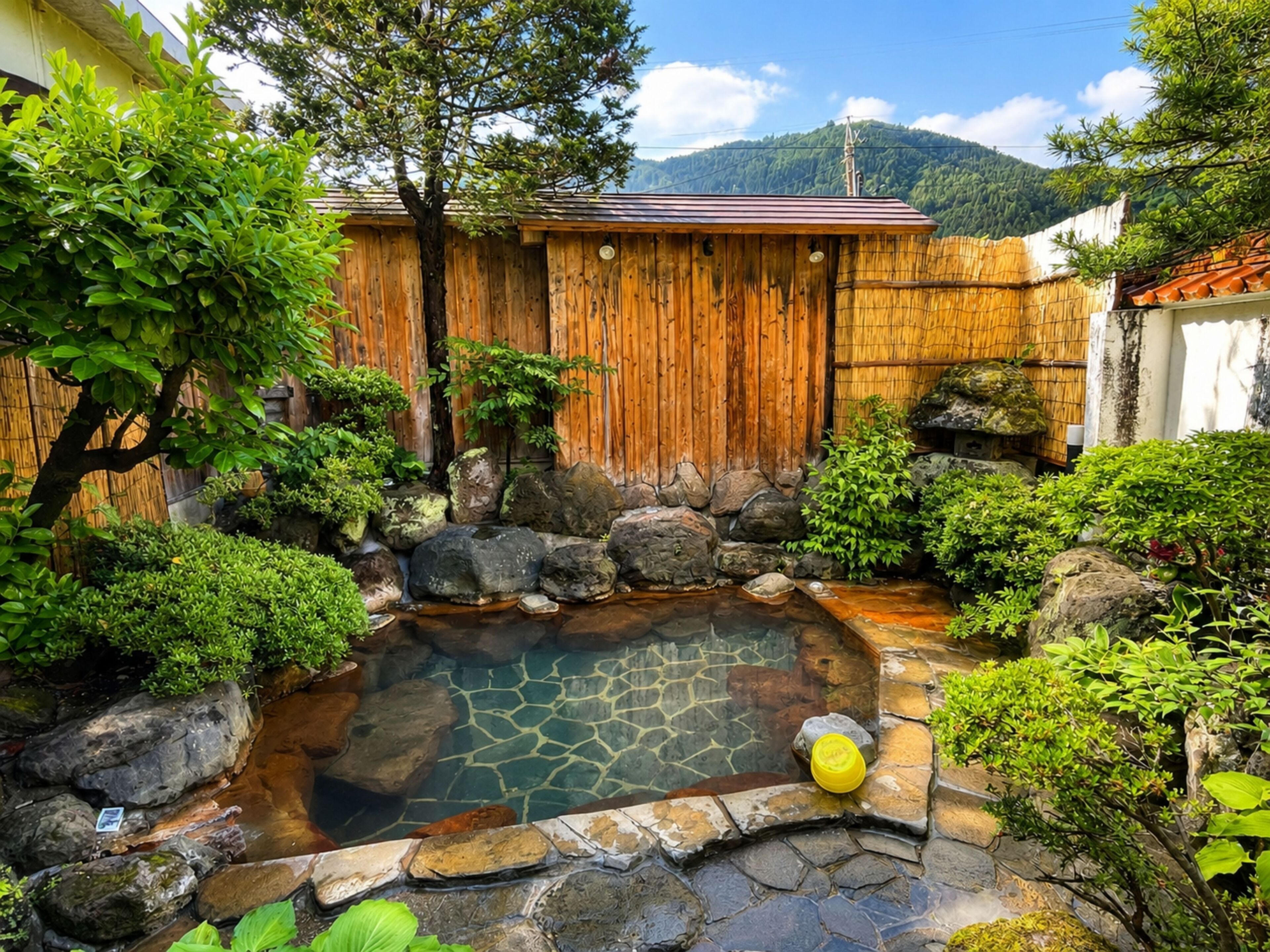 A traditional Japanese garden with a stone pond, wooden fence, and various plants.