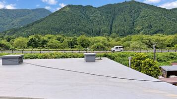 A rooftop with a view of a forested mountain range.