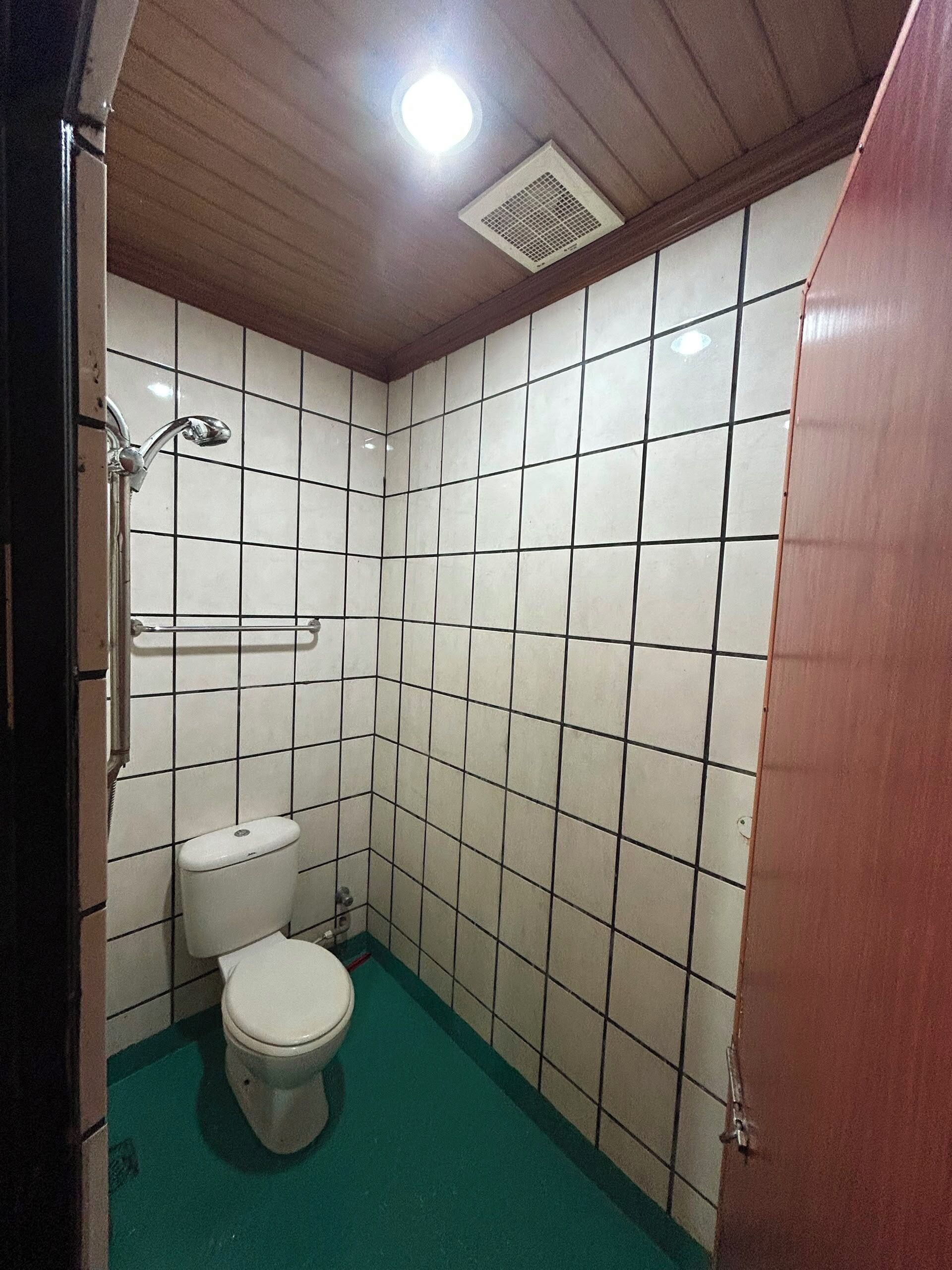 Un baño pequeño con azulejos, un inodoro, un secamanos y un cabezal de ducha.