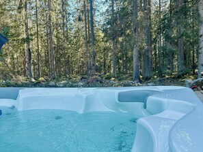 A hot tub in a forested area with a clear view of tall trees.