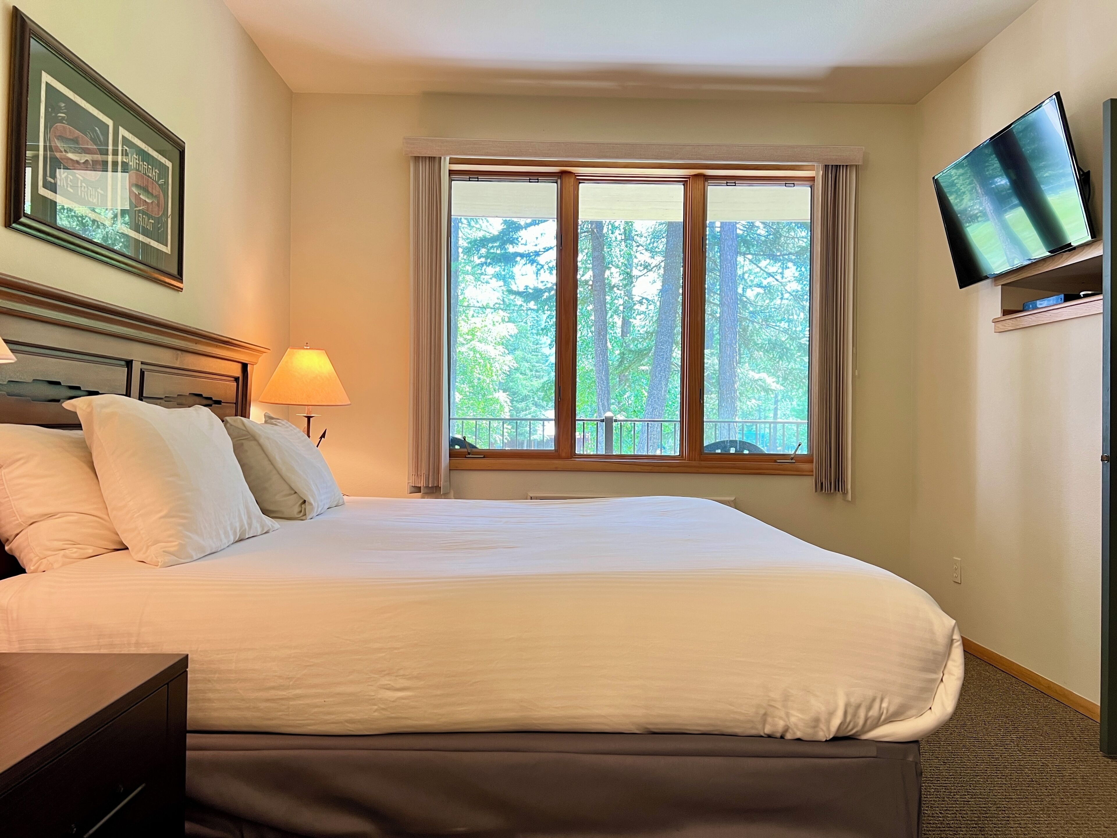 A hotel room with a large bed, a flat-screen TV mounted on the wall, and a window with a view of trees.
