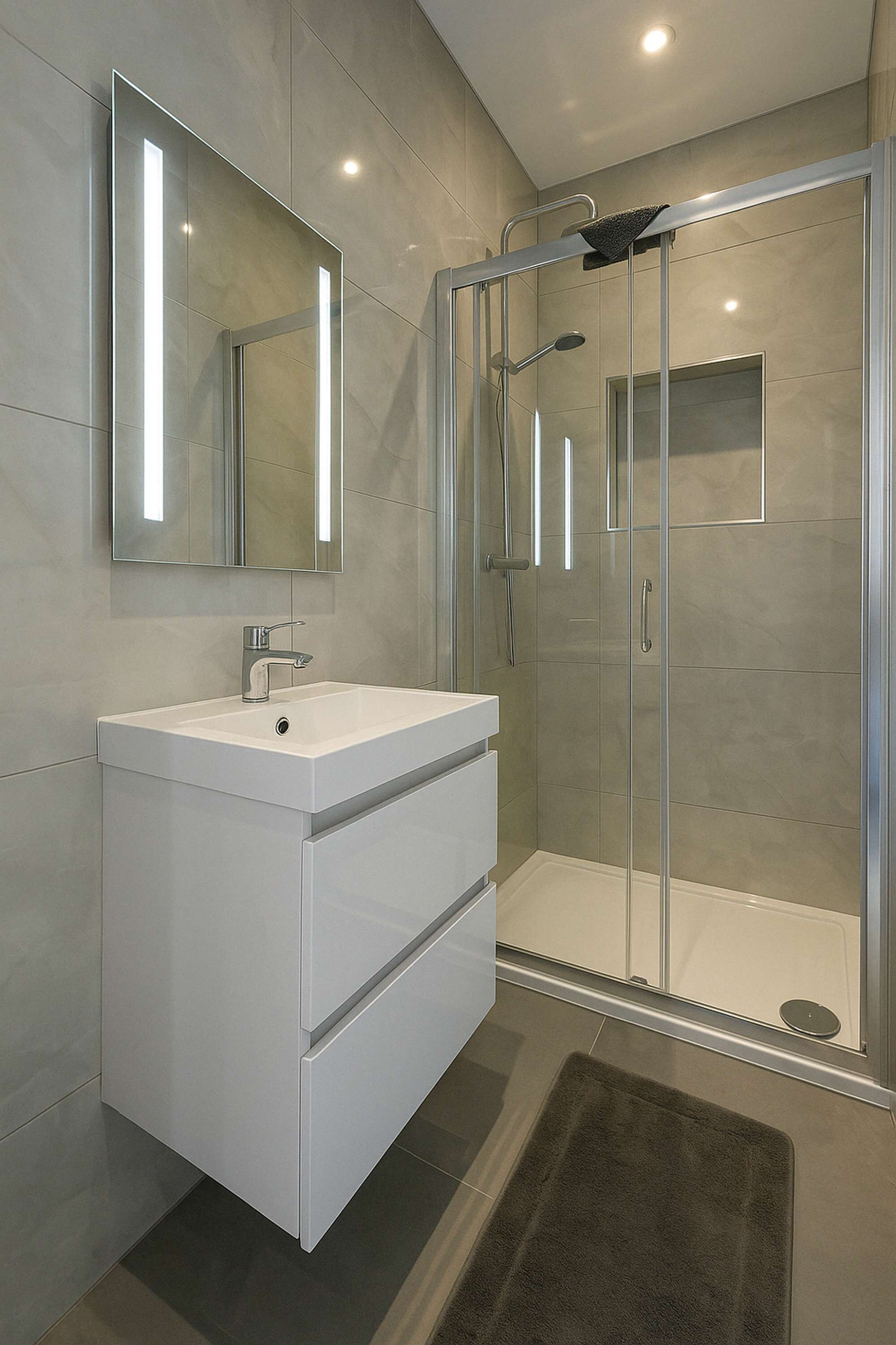 A modern bathroom with a glass-enclosed shower, a white vanity with a mirror, and a dark rug on the floor.