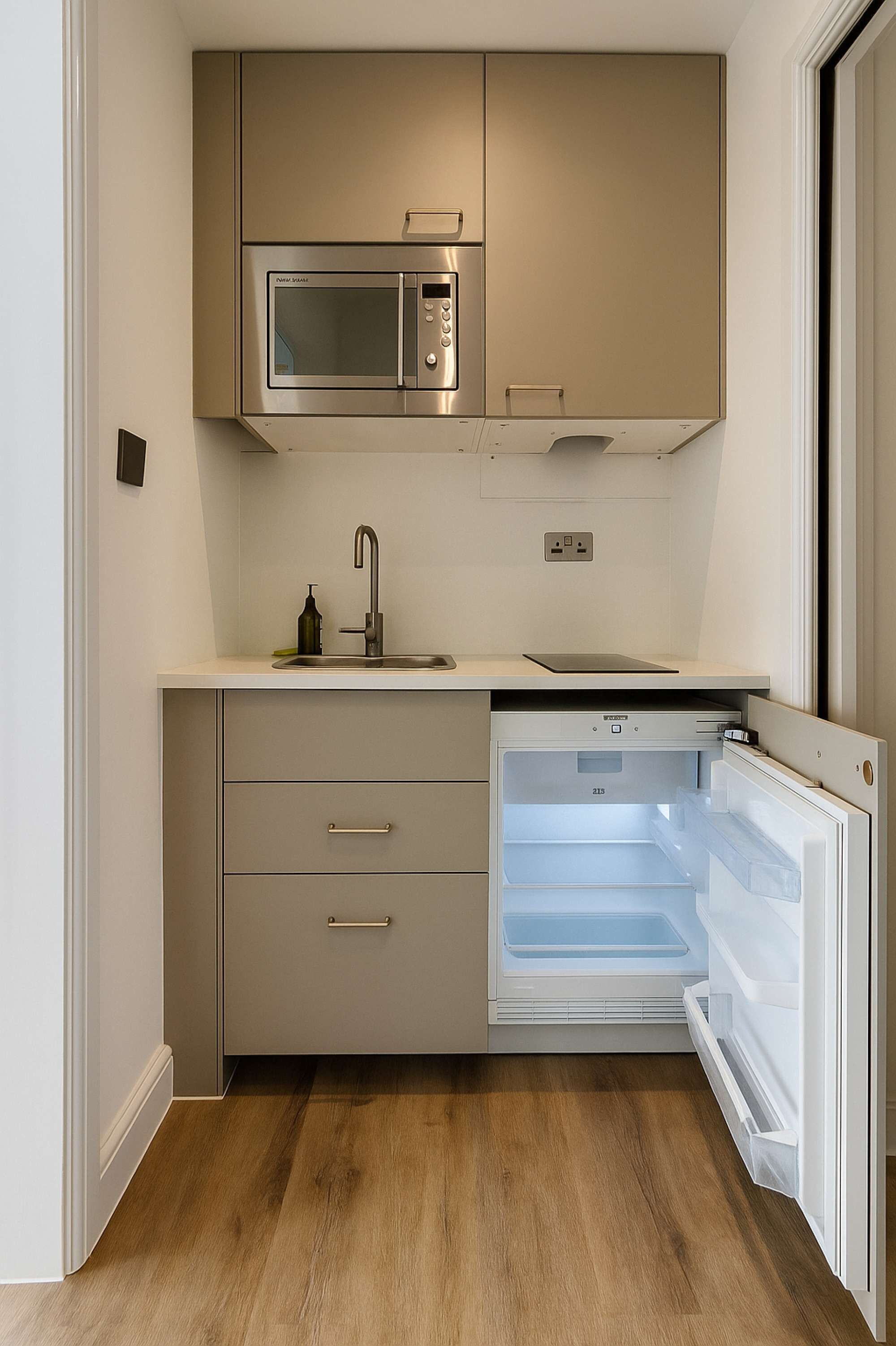 A compact kitchen with a built-in microwave, a sink, and a refrigerator.