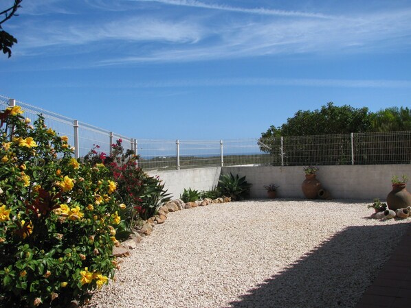 A garden with a gravel path, a metal fence, and potted plants.