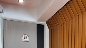 Una habitación con una puerta gris, una puerta negra y un panel de pared de madera.