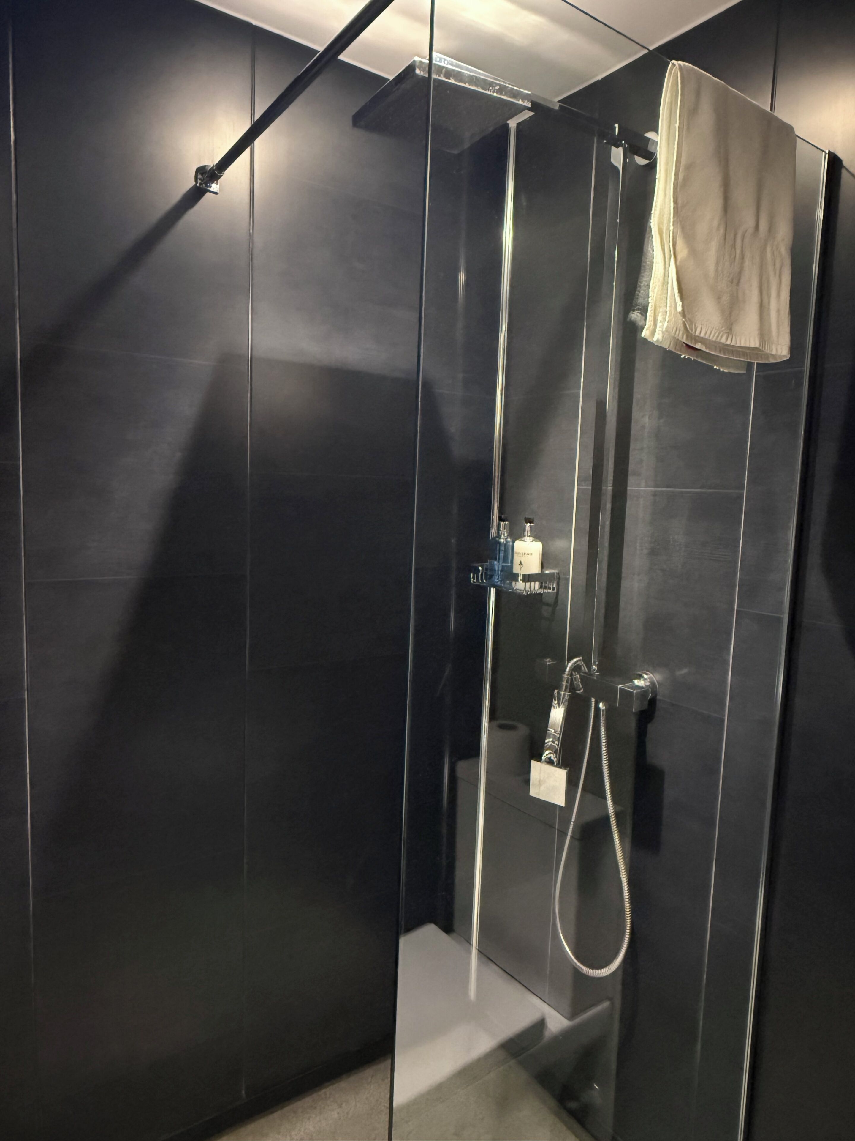 Un baño moderno con ducha de vidrio, una toalla colgada en la pared y un dispensador de papel higiénico visible.