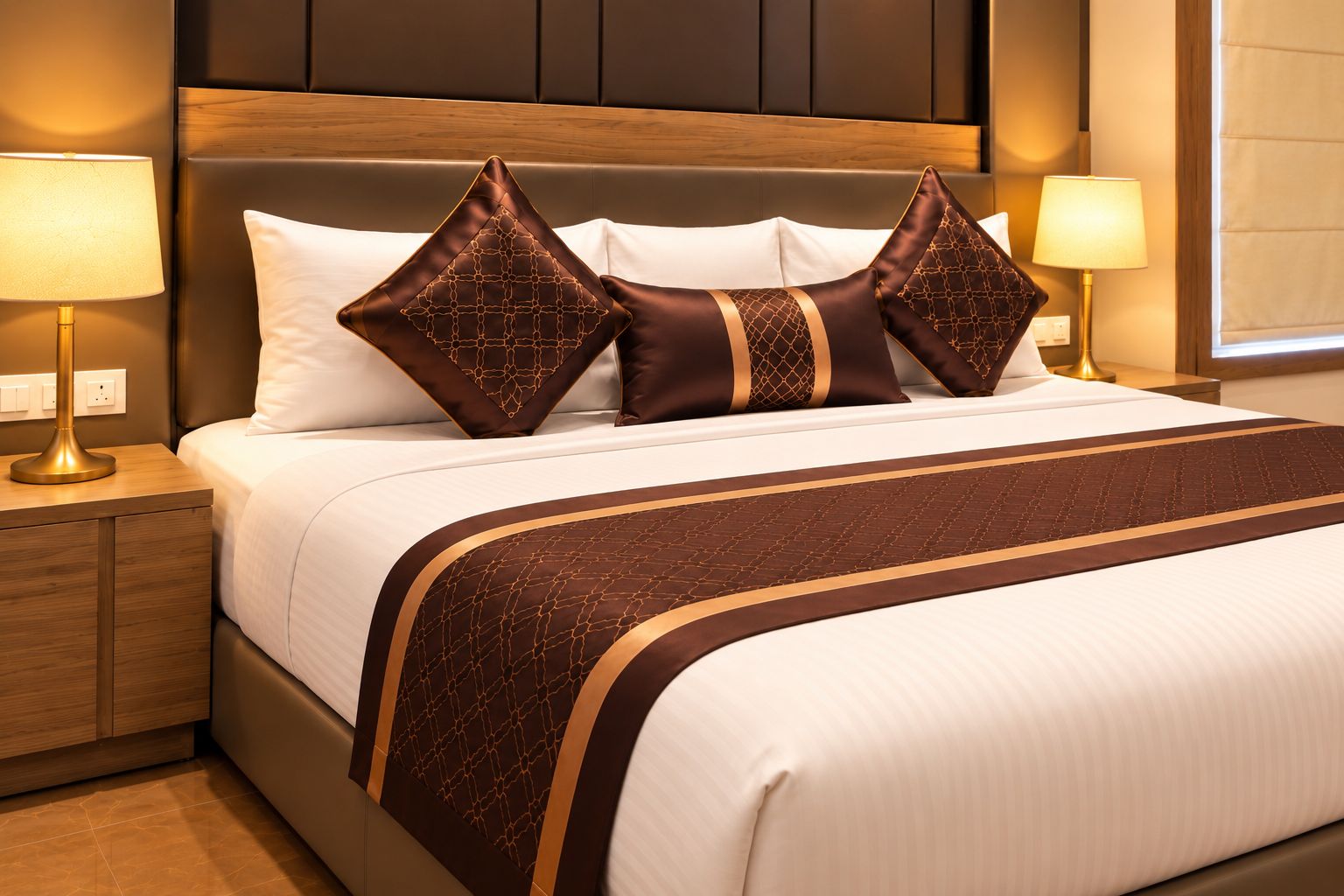 Een hotelkamer met een bed, twee bedlampen, een nachtkastje en een raam met jaloezieën.