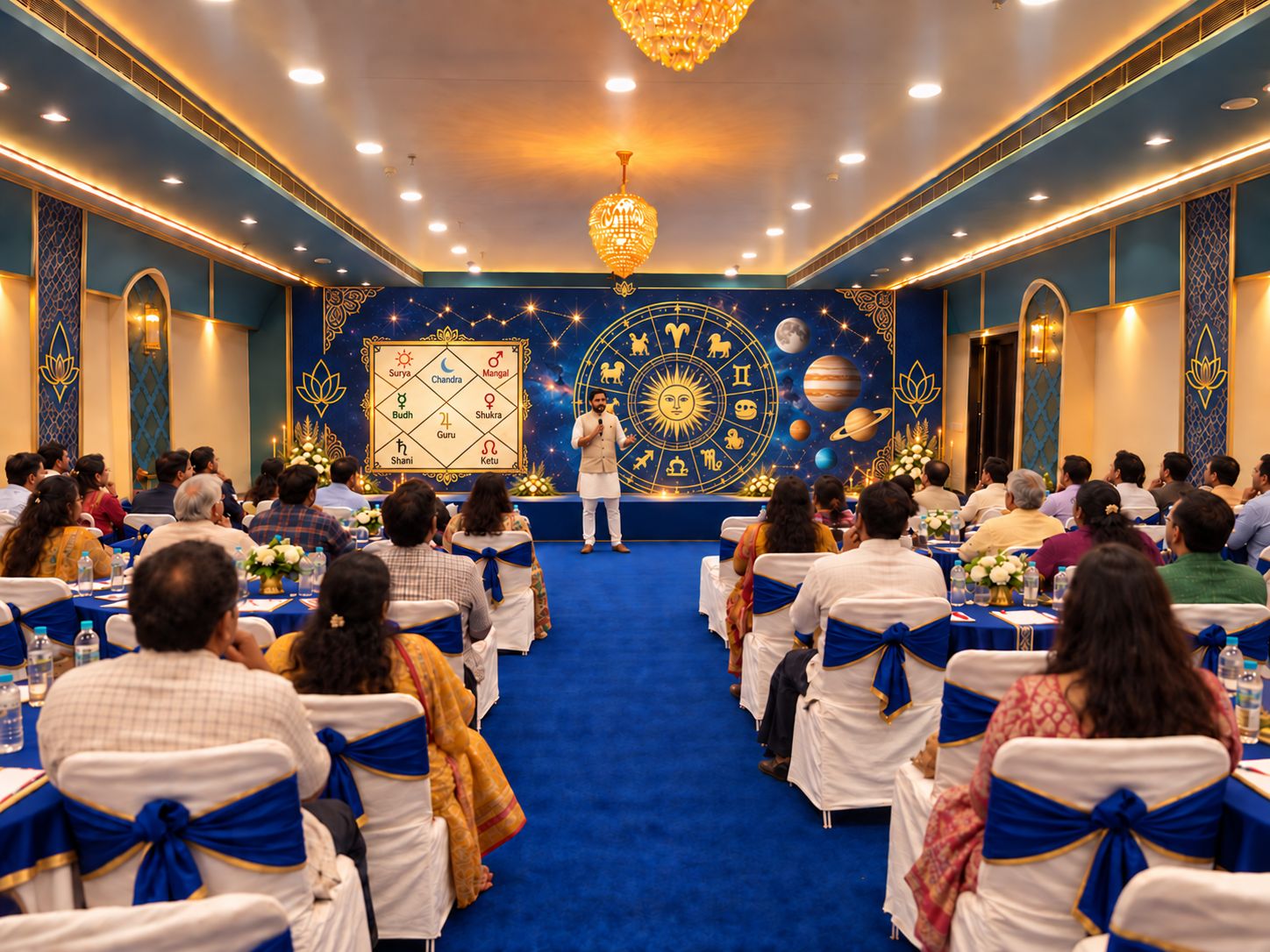 Sala de conferência com participantes sentados em mesas redondas, um palestrante à frente e um painel decorativo com signos do zodíaco.