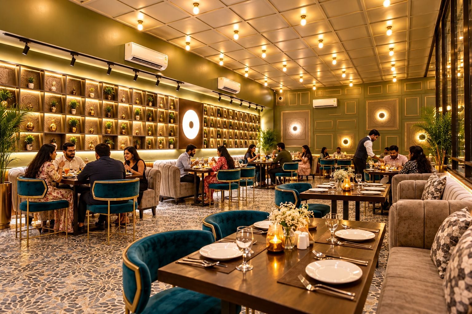 Een restaurant met meerdere eettafels en stoelen, een vloer met een patroon en een muur met plantenpotten.