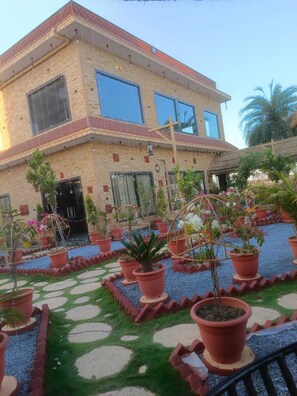 A two-story building with a tiled roof and a garden with potted plants and a patterned walkway.