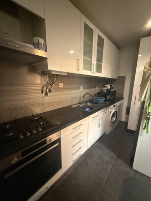 A modern kitchen with a gas stove, sink, and built-in washing machine. - Apart II Lisbon Airport (Lisboa)