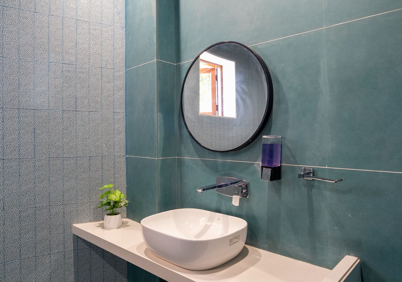 Une salle de bain avec un lavabo sur colonne blanc, un miroir rond et une plante en pot posée sur le comptoir.
