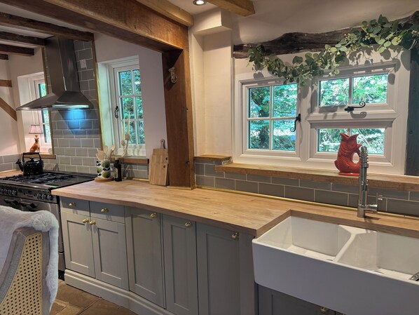 A kitchen with a large island, a stove, and a sink. There are windows with views of greenery outside.