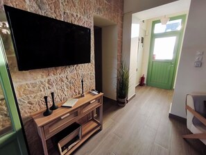 Un salon avec un mur en pierre, un téléviseur fixé au mur, un meuble de rangement en bois et une porte verte.