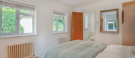 A bedroom with a large bed, two windows, a radiator, a door, and a mirror.