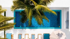 A rectangular swimming pool with blue mosaic tiles, surrounded by white walls and palm trees.