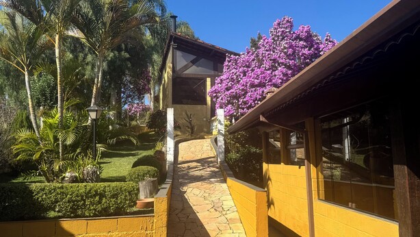 A pathway leading to a building with a yellow exterior, surrounded by lush greenery and flowering plants.