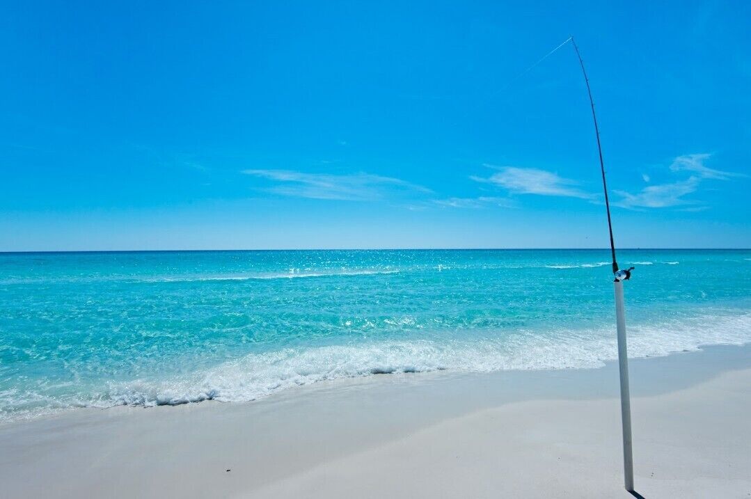 A fishing rod on a sandy beach with clear blue water and a clear sky.