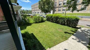 A residential area with a well-maintained lawn, a sidewalk, and a multi-story building in the background.