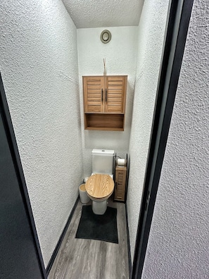 Baño pequeño con inodoro, mueble de madera y un estante.