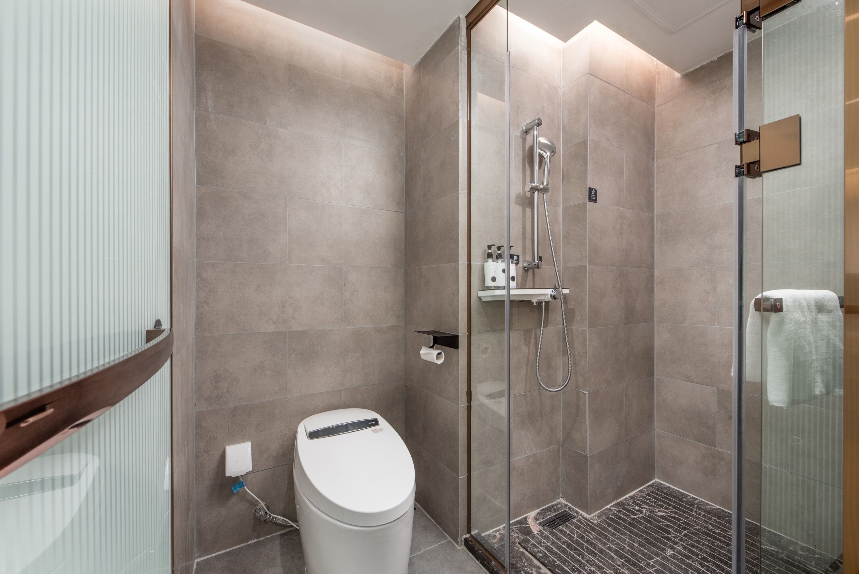Un baño moderno con ducha envuelta en vidrio, inodoro y perchero para toallas.