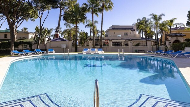 Ein Pool mit Liegestühlen und Palmen.