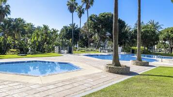 Un área de piscina con varias piscinas, rodeada de palmeras y césped cuidado.