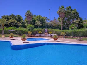 A swimming pool with a stone border, surrounded by palm trees and other greenery. - Amplio y Luminoso Apartamento en Las Gaviotas (Marbella)