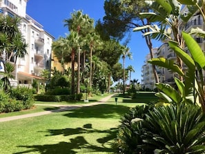 A residential area with multi-story buildings, a well-maintained lawn, and various tropical plants. - Vista Piscina en Andaluc a del Mar (Marbella)