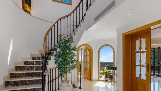 Eine prächtige Treppe mit Marmorstufen und schwarzen Spindeln, die zu einer Empore mit einem großen Topfpflanzenbeet führt.