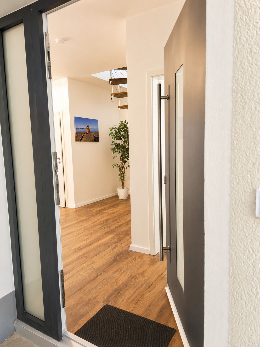 A modern interior with a wooden floor, a potted plant, and a framed picture on the wall.