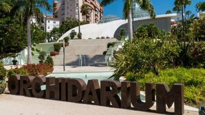 A sign with the word 'ORCHIDARIUM' in large letters, surrounded by greenery and palm trees, with a building in the background. - Contemporaly Huge Riyad (Estepona)