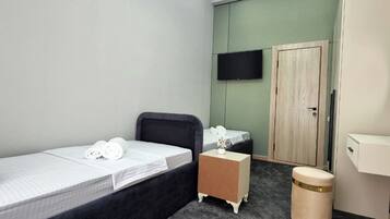 A hotel room with two single beds, a small bedside table, a trash bin, a mirror, and a television on the wall.
