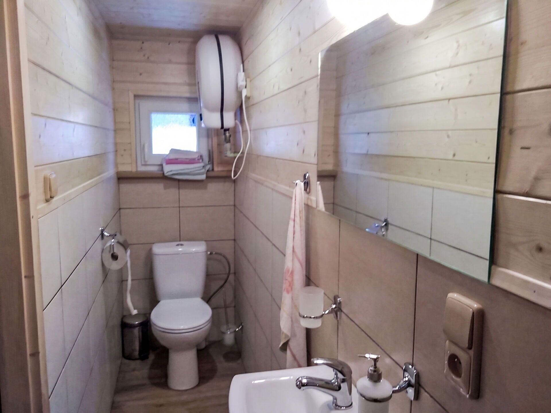 Een kleine badkamer met toilet, wastafel en spiegel.