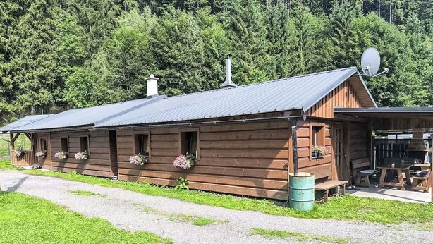 A wooden cabin with a metal roof, a gravel path in front, and a forested background.