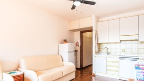 A compact living space with a sofa, a kitchenette, and a ceiling fan. - Cosy apartment for 3 guests with WIFI and terrace (Sanremo)