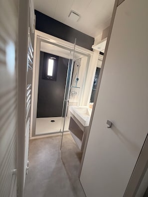 A bathroom with a shower, a sink, and a mirror.