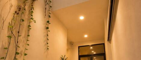 A modern interior with a glass door entrance, potted plants, and a welcoming mat.